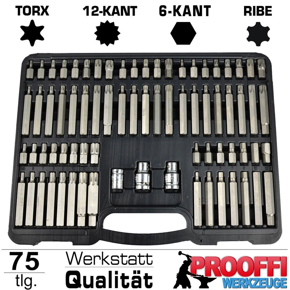 75 tlg XXL Stecknuss Bits Torx Vielzahn Ribe Innensechskant Für Inbus Schraube - Bild 3 von 4