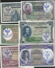 LOTE 6 BILLETES REPUBLICA PESETAS 1925 1931 RESELLO FALANGE SERVICIO SOCIAL