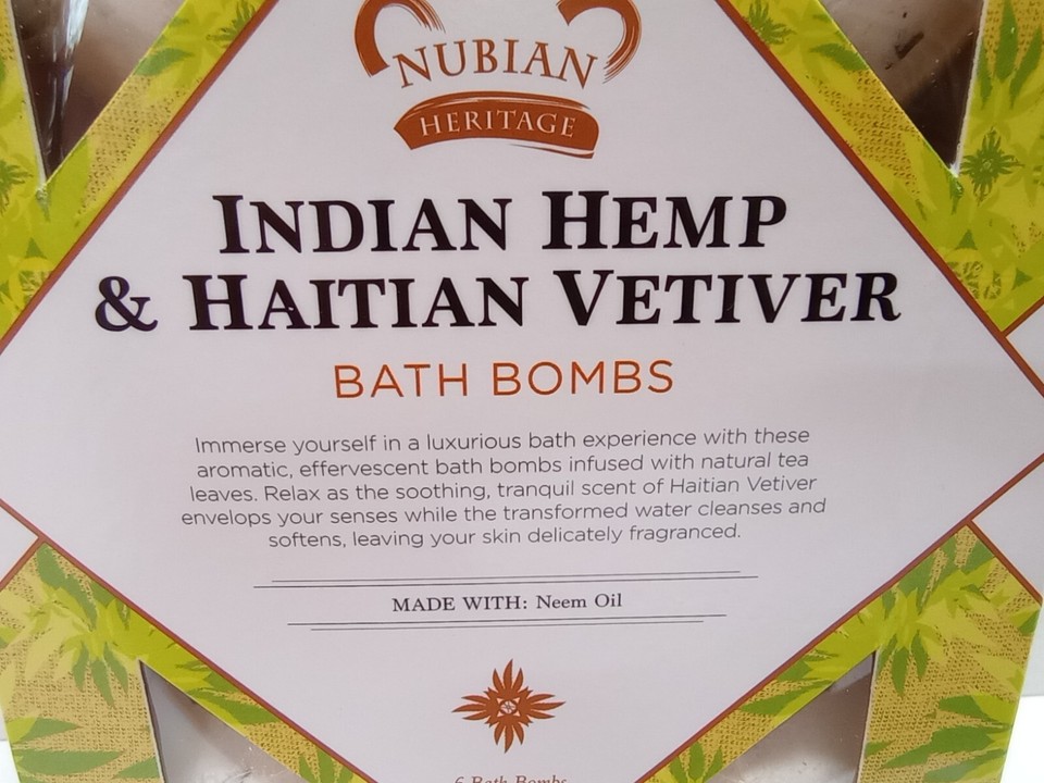Nubian Heritage Indian Hemp Haitian Vetiver Bath Bombs Neem Oil 6 Count