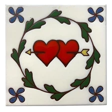 Besheer Art Tile Handcrafted Ceramic Trivet Tile Double Heart Arrow Design 6 in