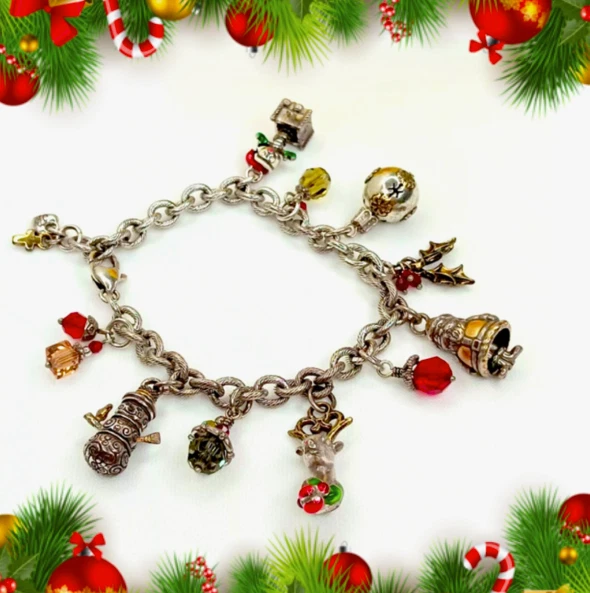 Brighton Holiday Christmas Story Silver Plate Crystal Womens Charm Bracelet 8.5” - Image 3 of 4