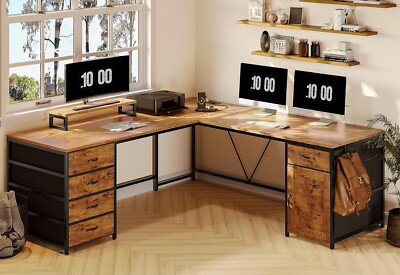 63'' Computer Desk with Power Outlet &Monitor Shelf, L Shaped Desk (Rustic Brown)