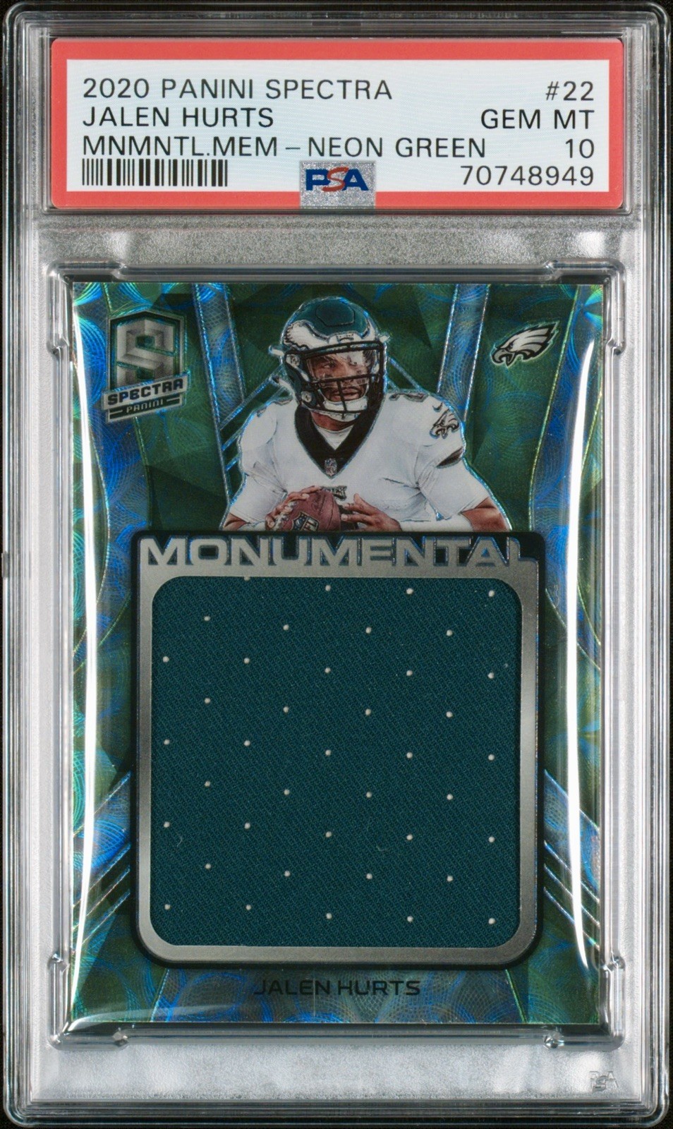 Jalen Hurts Panini Spectra Monumental Memorabilia #22 Neon Green