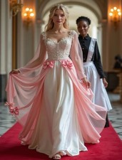 Boho Pink Ivory Wedding Dresses Long Sleeves Victorian Satin Flowers Bridal Gown