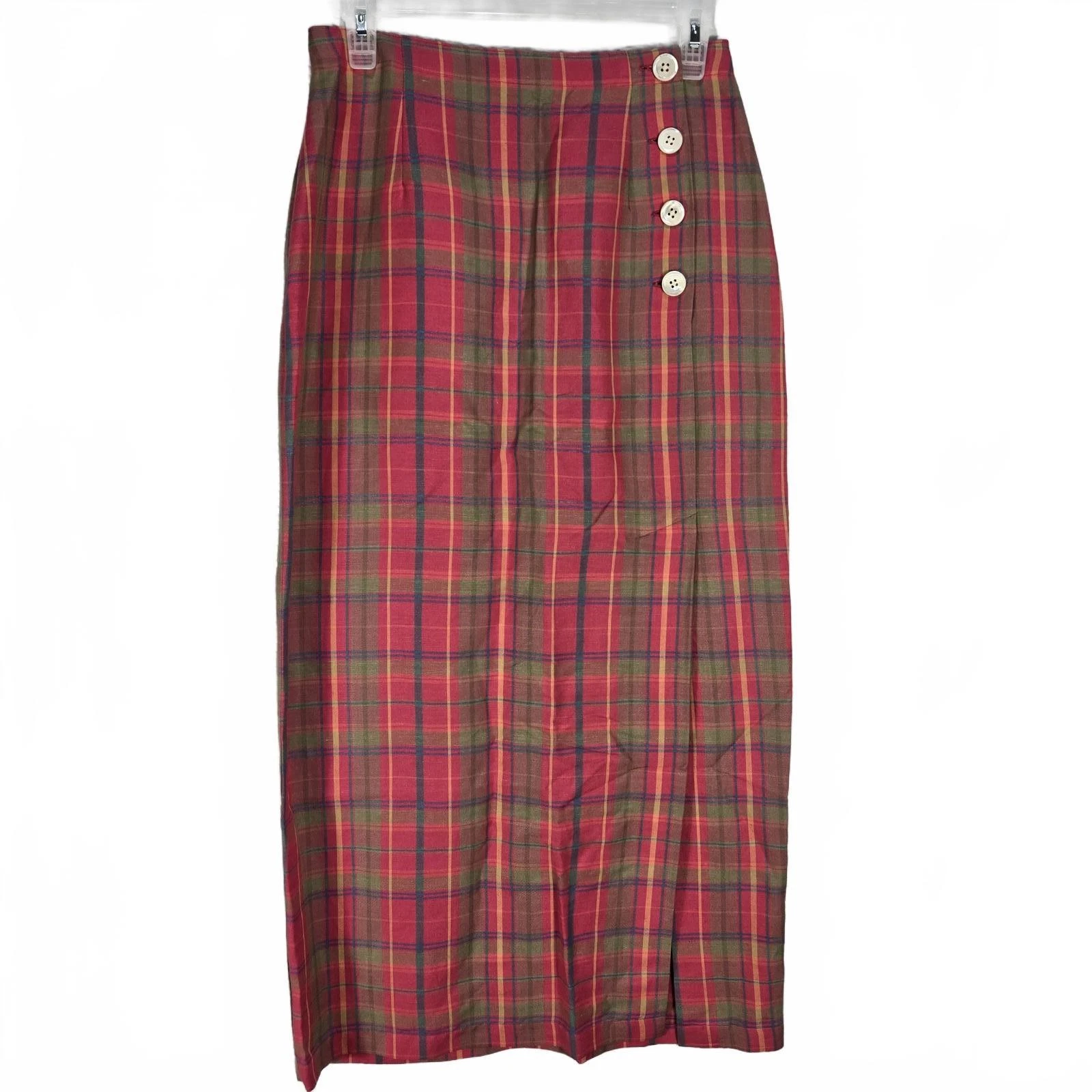 GAP Vintage Plaid Linen Maxi Skirt Red Pink Yellow Button Side Split Size 6
Opens in a new window or