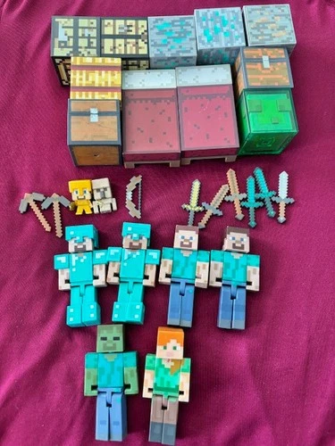 Minecraft Toy Lot (28 pcs) –Steve, Alex, Zombie, Diamond Armor, Blocks, Swords..