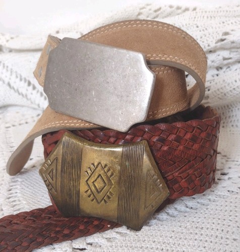 Vintage Suede & Woven Leather Belt Lot Brass Nickel Buckles Morocco Handmade