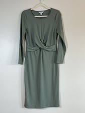 Nine West Dress Petite Medium Sage Green Midi Ribbed Knit Shift Stretch