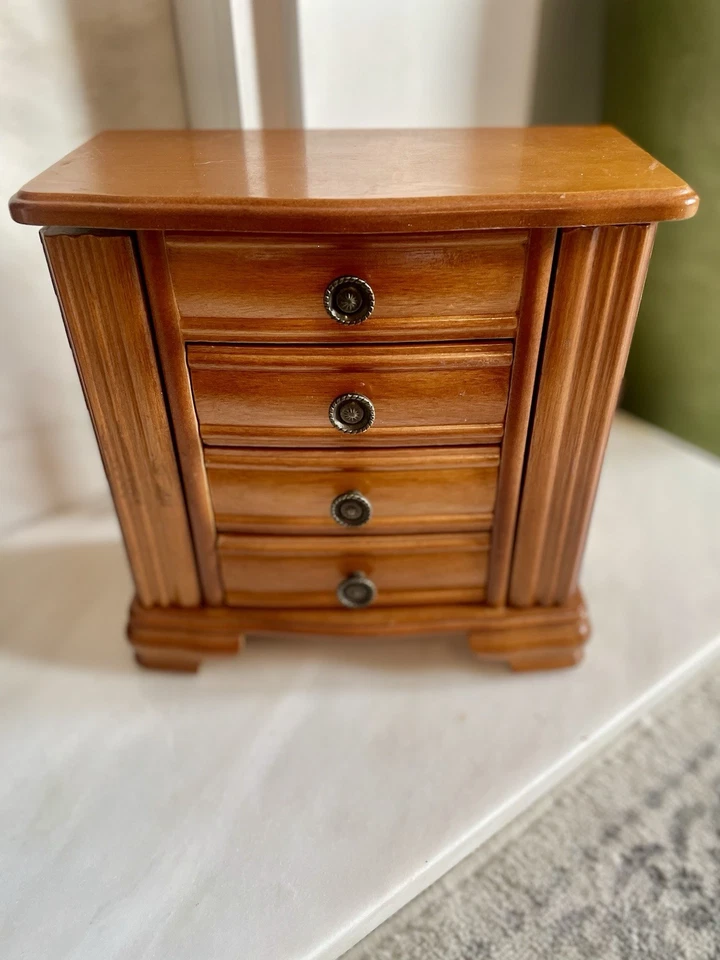 Vintage Style Wood Jewelry Box Armoire Cabinet 4 Drawers Mirror Side Doors - Image 2 of 4