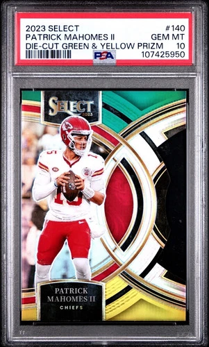 PATRICK MAHOMES POP 10! PSA 10 DIE-CUT GREEN & YELLOW PRIZM 2023 SELECT #140
