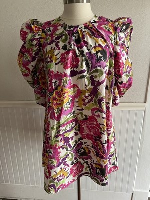 MISA Los Angeles Cotton Poplin Mini Dress Puff Sleeve Floral Boho Ikat Pink S