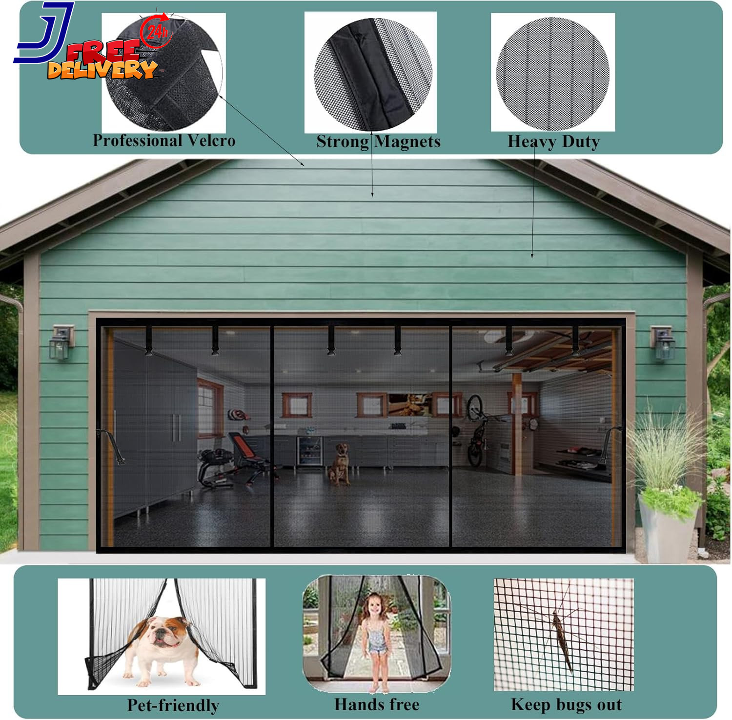 Garage Door Screen 17X10Ft for 2 Car Retractable Fiberglass Magnetic Screen Mesh