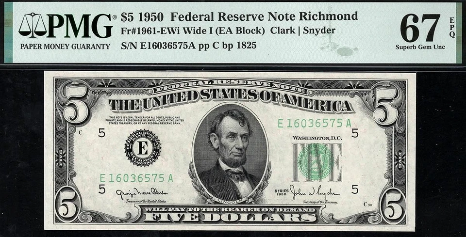 1950 $5 Richmond Federal Reserve Note FRN • 1961-E • PMG 67 EPQ • POP 5/2 - Image 2 of 3