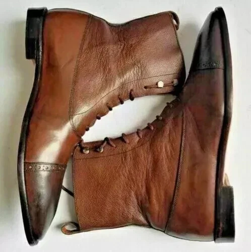 HANDMADE MENS BROWN TOE CAP LACED UP ANKLE HIGH MARCHING DRESS BOOTS FOR MEN