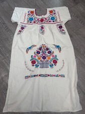 Traditional Embroidered Mexican Pueblo Beige Dress, XL