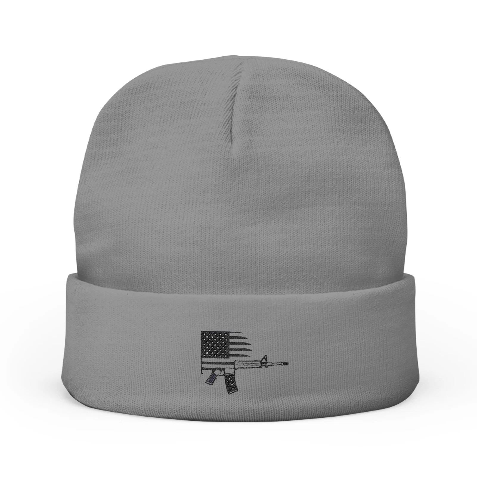 Knit Beanie Hat Embroidered Minimalist Freedom American Flag Rifle