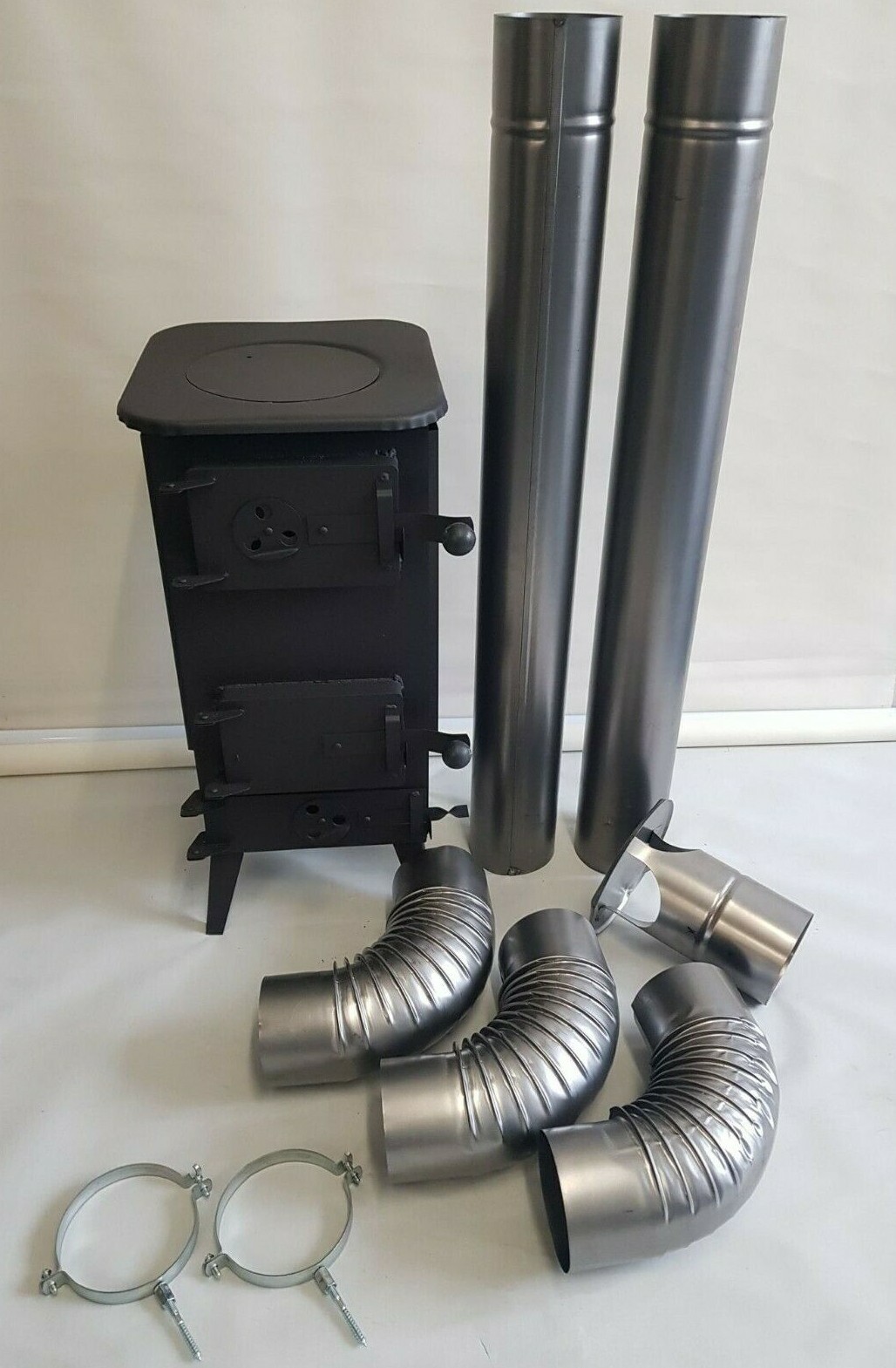 LOG WOOD BURNER STOVE + FLUE SYSTEM PIPES SET ELBOW WALL BRACKETS GARAGE  SHED | eBay