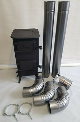 LOG WOOD BURNER STOVE + FLUE SYSTEM PIPES SET ELBOW WALL BRACKETS GARAGE  SHED | eBay