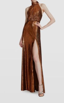 $695 Halston Women's Brown Brinley Sequin Halter Gown Dress Size 8