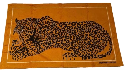 Tapis de bain serviette de plage en coton HERMES Paris léopards orange 93 x 1... - Photo 1/3