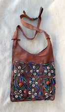 Moroccan Berber Vintage Shoulder Leather Bag Coral Amber Turquoise Beads Shell