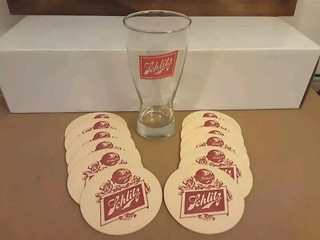 Vintage 1970's Schlitz Beer Logo Glass & Set of 12 Classic Globe Coasters Lot NR