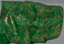 Wired Ribbon Christmas Gold Sparkle Swirl Vine Holiday Green 2.5" Wavy Gift Bow