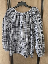 Women's Chaps White/Blue Plaid Pleated Sleeve Puffy Blouse Size Large