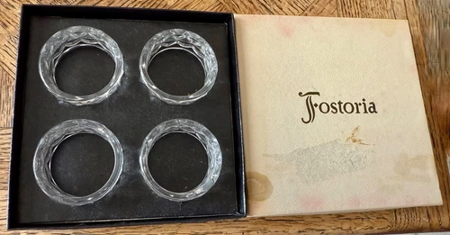 Rare 4 American Fostoria Napkin Rings Holder  Vintage Glass 2" Ring Original Box