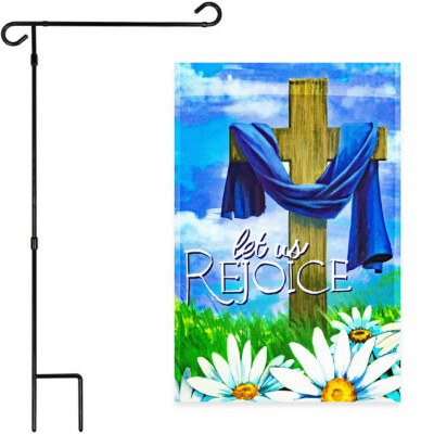 NEW G128 Garden Flag Let Us Rejoice Easter 12x18IN & Garden Flag Stand Black