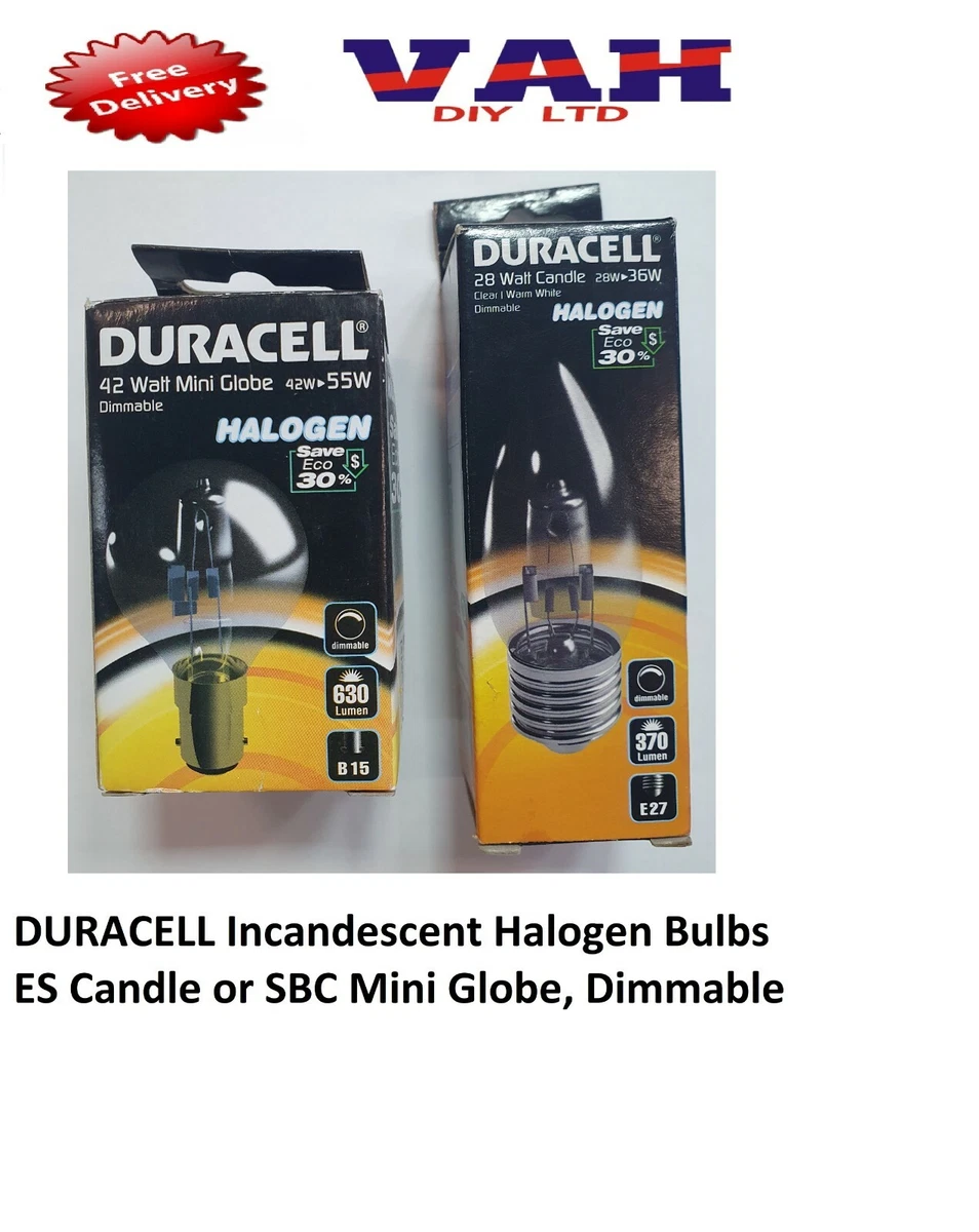 DURACELL Incandescent Halogen Bulbs ES Candle or SBC Mini Globe
