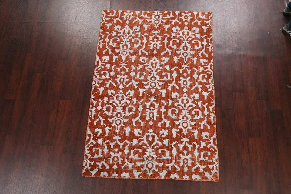 All-Over Damask Abstract Oriental Area Rug Wool/ SILK Handmade Modern 4x7 Carpet - Image 2 of 4