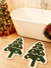 2 Pcs Christmas Tree Bath Mat Non Slip Absorbent Christmas Rug
