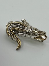 Vintage Silver Tone Alligator Crocodile Brooch Pin Gold Accents Textured