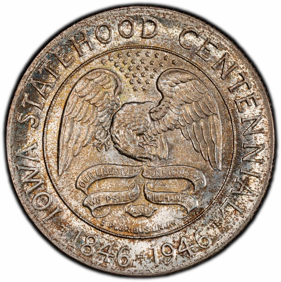 1946 Iowa Statehood Centennial Half PCGS MS67 • Original Diagonal Tab Toning - Image 3 of 4