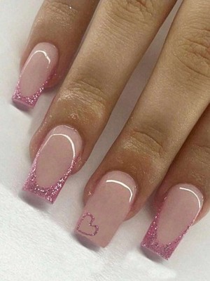 24 Press On Nägel Rosa Glitzer Herz Kunstnägel Künstliche Square Fake Nails Set