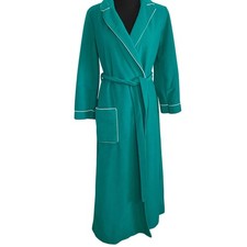 Vintage Kayser Long Green White Tie Front Wrap Robe Dressing Gown Petite Soft