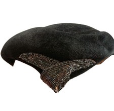 Black Velvet Beaded Pillbox Vintage Hat.. The Union, made in Italy