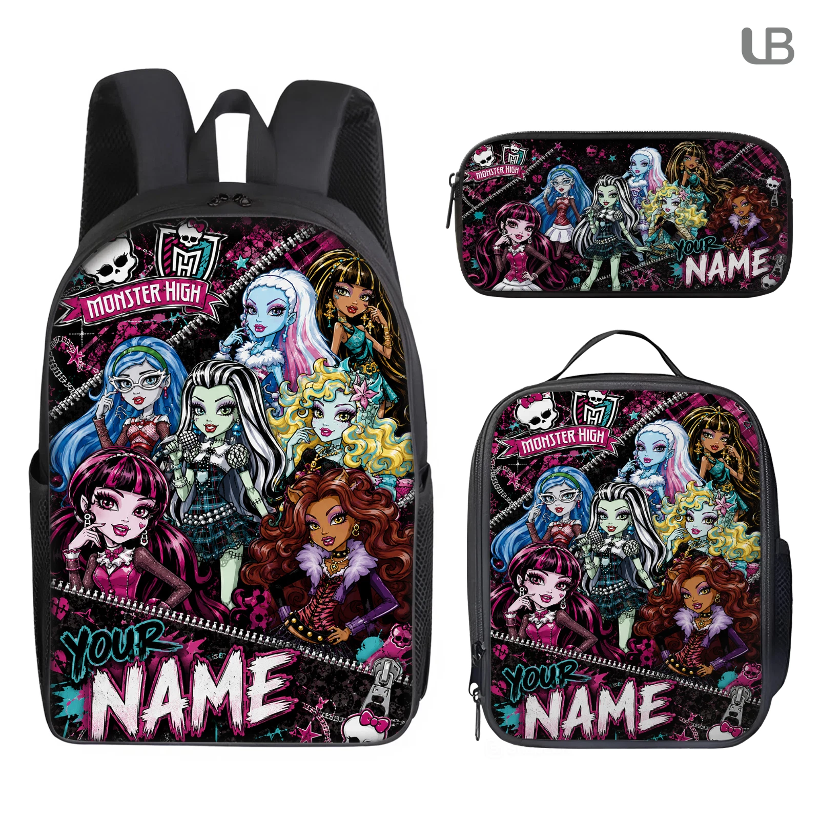 Personalized Monster High Backpack Set, Custom Name School Bag, Lunch Bag & Penc