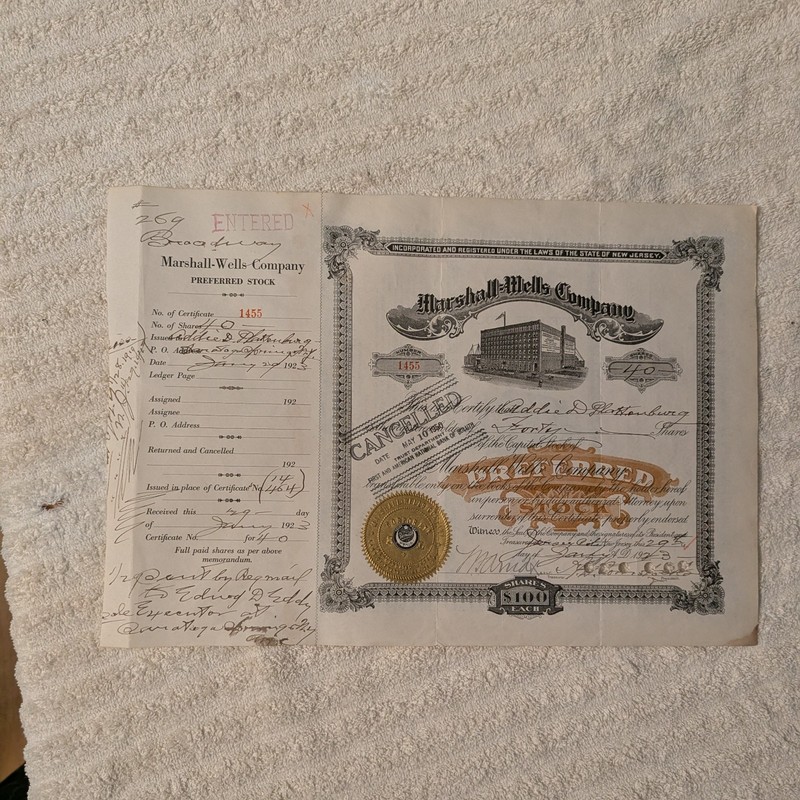 Marshall Wells preferred stock #1455 certificate antique vintage duluth mn