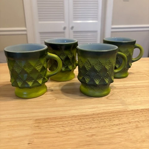 Vintage Set of 4 Fire King Anchor Hocking Diamond Pattern Coffee Cups Green