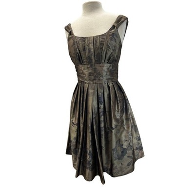 Peruvian Connection Dress Women 6 Bronze Good Floral Pleated Fit Flare Cocktail