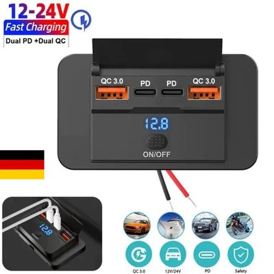 USB C socket 12V/24V Dual PD USB QC 3.0 car charger socket for car boat truck