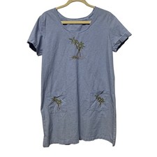 Blue Chambray Palm Tree Embroidered Shift Dress Short Sleeve No Tag