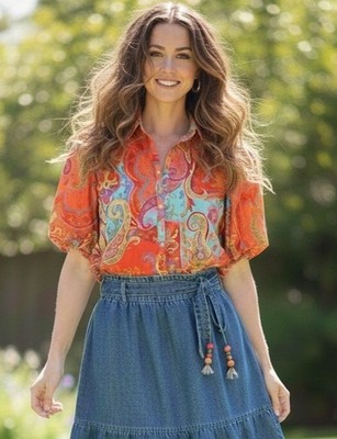 Lauren Ralph Lauren Paisley Puff Short Sleeve Colorful Psychedelic Button Up XL