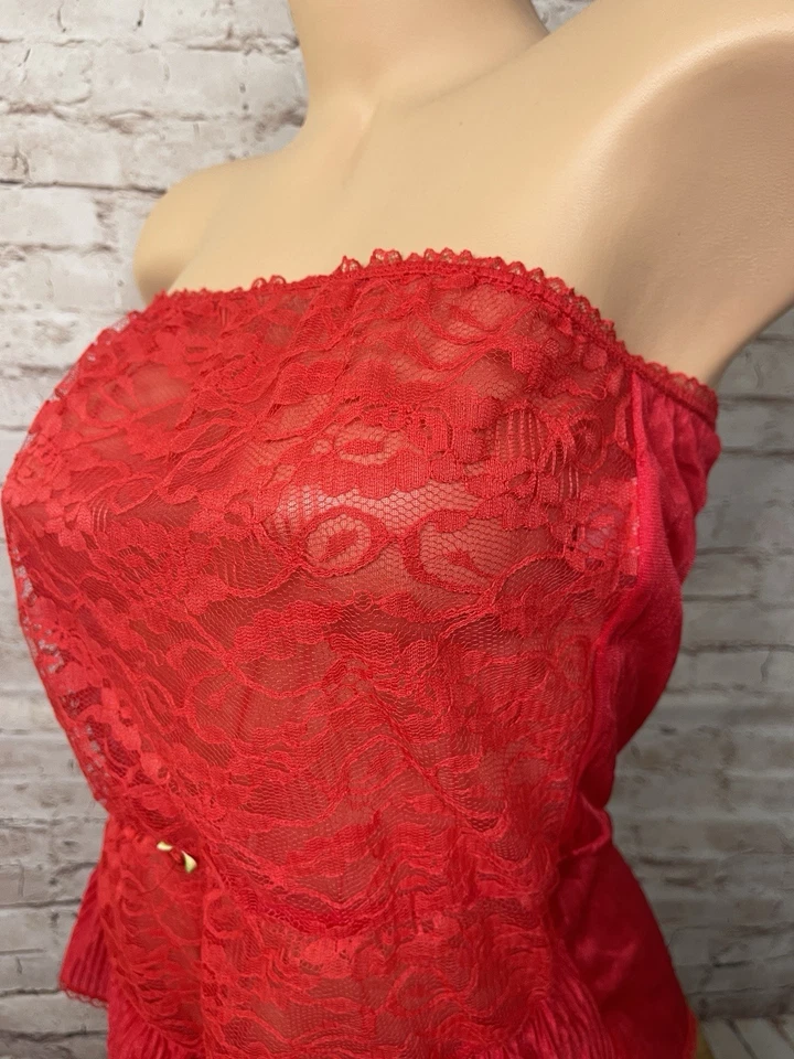 Vintage Lingerie Teddy Romper Playsuit Red Sheer Lace Nylon Strapless Fussy Sm - Image 3 of 4