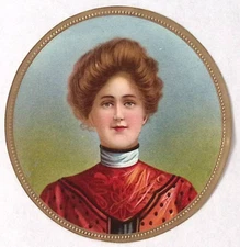 Vintage PAPER Label Gilt Embossed Lovely Victorian Woman  3.5"