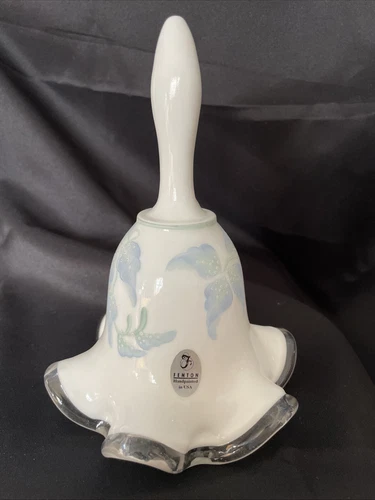 Vintage Fenton Glass Ruffled Silver Crest Bell~Hand painted Morning Mist Blue