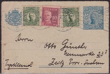 SCHWEDEN 1920 König Gustav V 20 Öre blau Kab.-GA-Kartenbrief mit 5 Öre (2 x) und