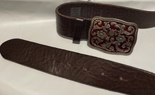 Vintage GAP Made In Italy Brown Leather Belt Floral Enamel Buckle Women Large